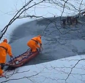 氷が割れて湖に落ちてしまった鹿の群れの救助